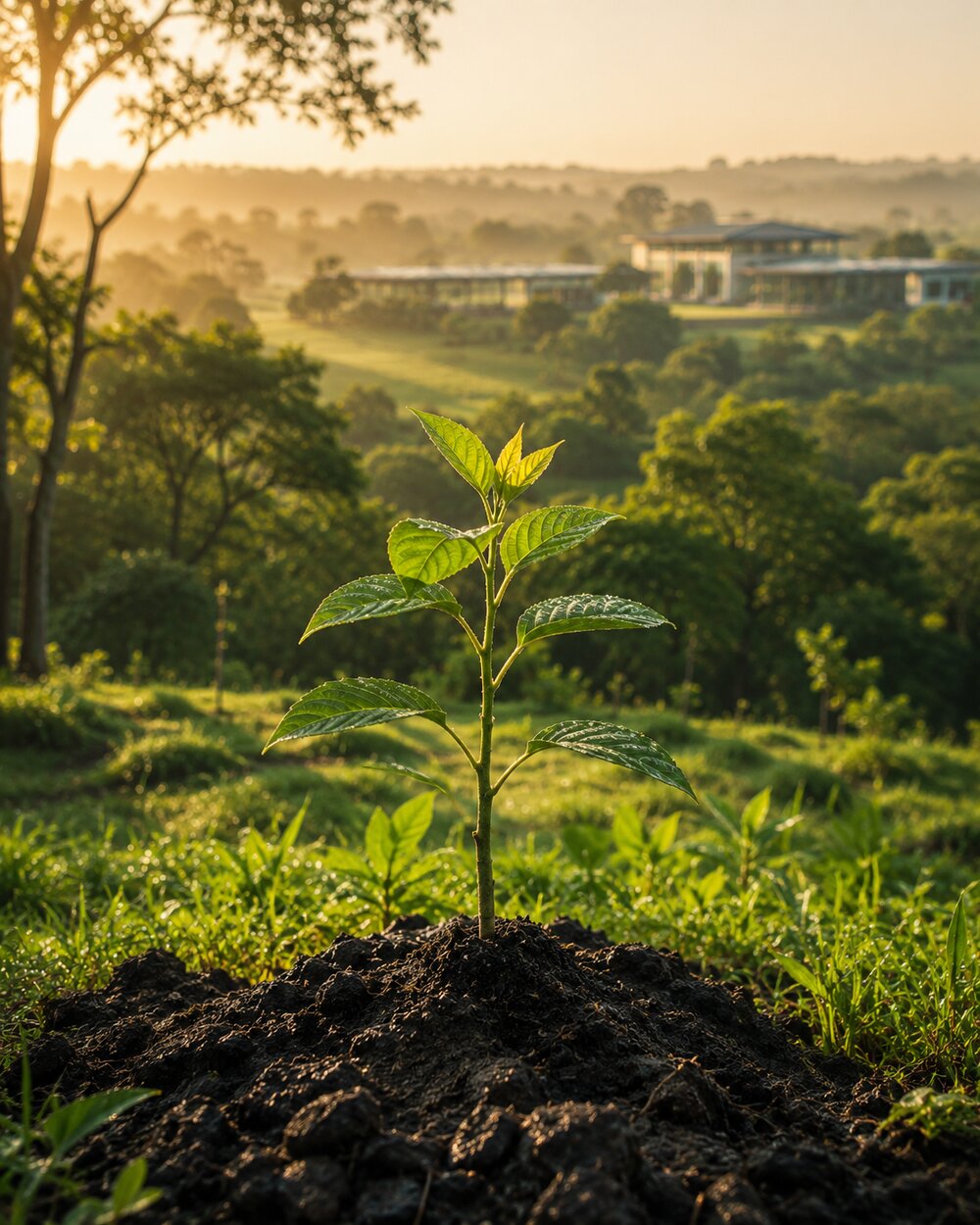A young sapling planted in dark soil, with SRP Foundation's campus visible in the misty hills behind it.