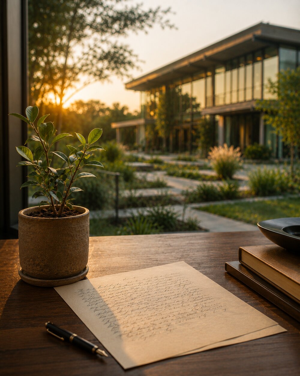 A handwritten letter and pen rest on a desk beside a potted plant, with SRP Foundation's campus visible through the window.