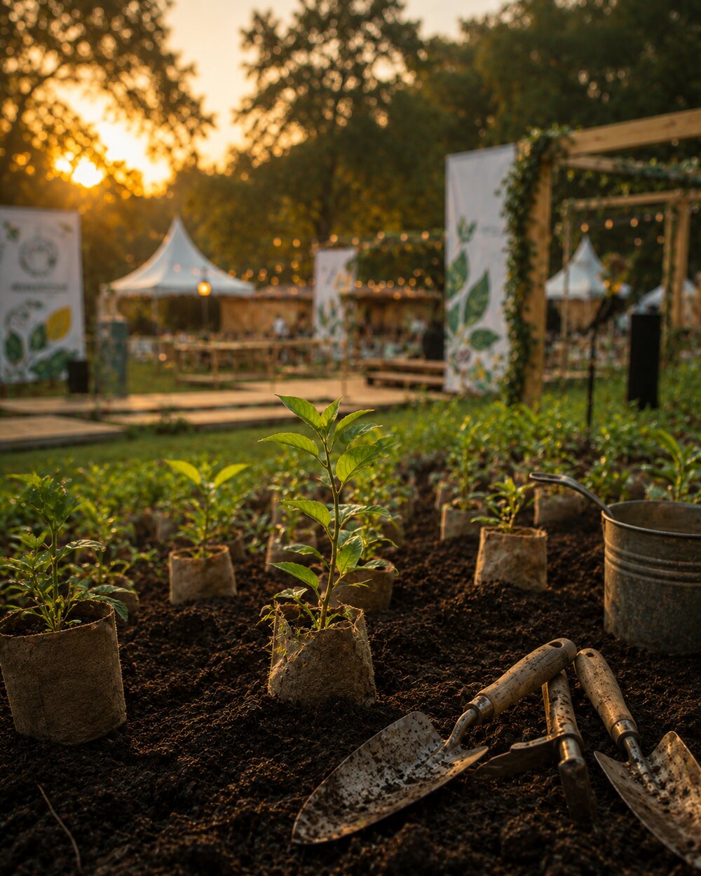 Rows of young saplings freshly planted at a community event, with a decorated pavilion and string lights in the background.