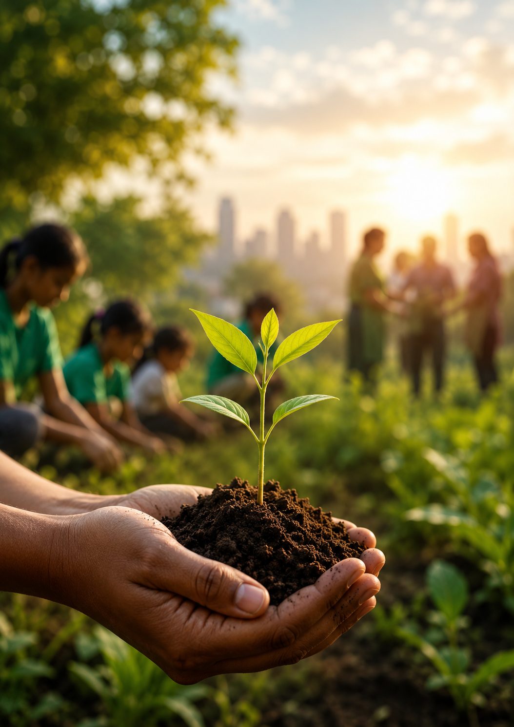 A community volunteer holds a young sapling during one of SRP Foundation's tree-planting drives, with children and neighbours planting alongside in the background.
