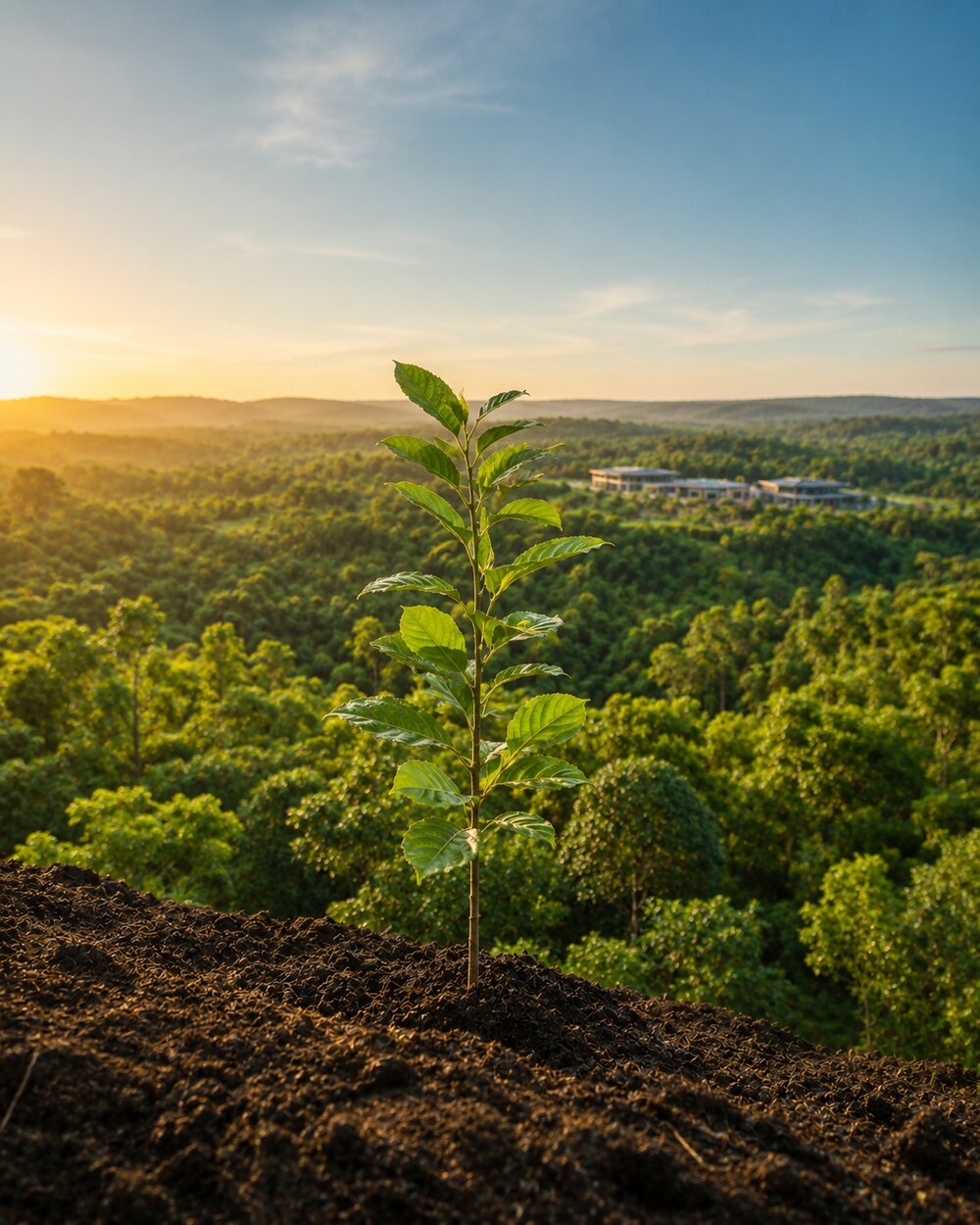 A young sapling rises above a hilltop of soil, overlooking a forested valley and SRP Foundation's campus at sunrise.