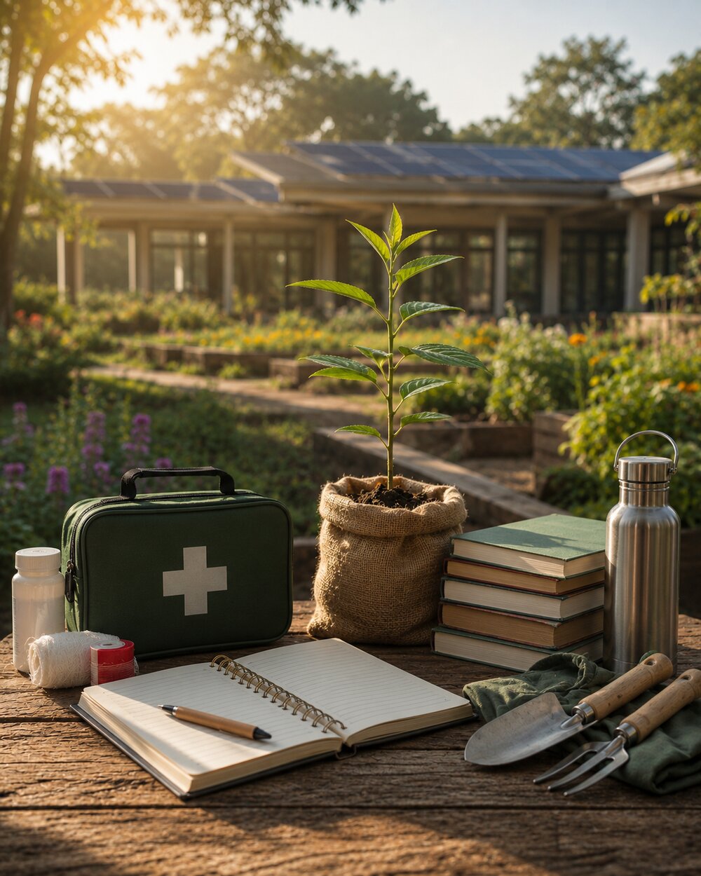 A first-aid kit, notebook, books and garden tools laid out beside a young sapling — the everyday toolkit behind SRP Foundation's ten clubs.